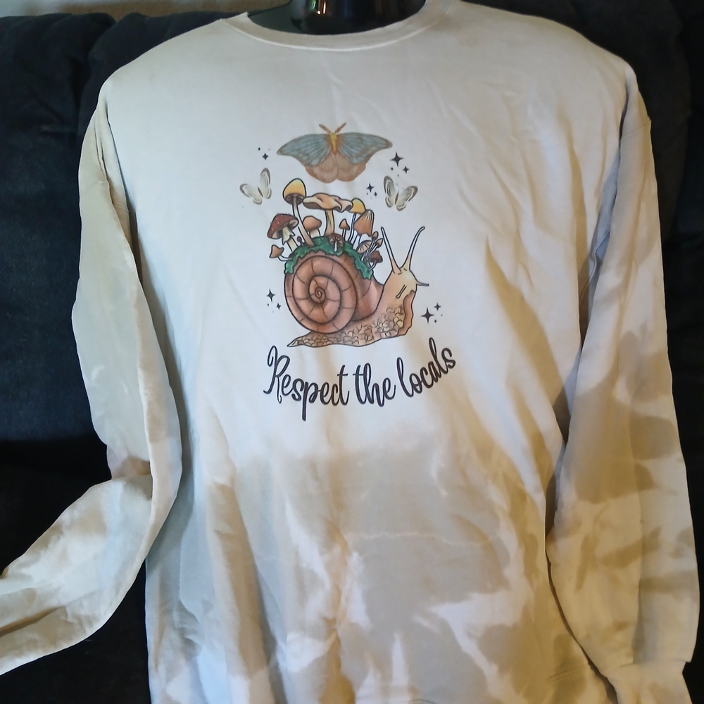 One-of-a-Kind Hand-Bleached Sweatshirt Snail & Mushroom Cottagecore Art Nature
